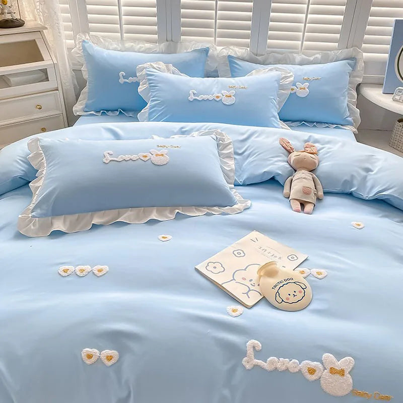 Afralia™ Cartoon Embroidery 100% Cotton Bedding Set King Queen Bedclothes