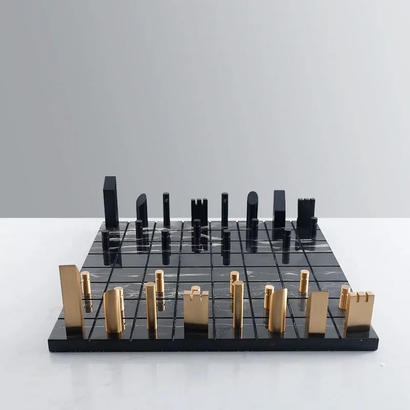 Afralia™ Golden Metal Marble Chessboard: Geometric Square Check King Game Decor Figurines