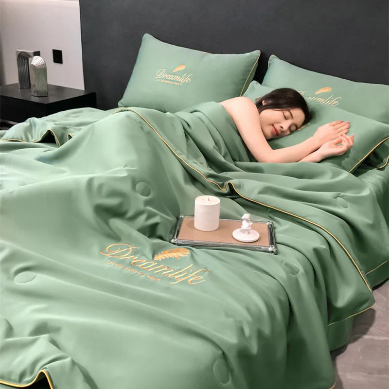 Afralia™ Soft Rayon Silk Summer Comforter Set 4Pcs Single King Size Embroidered Kit
