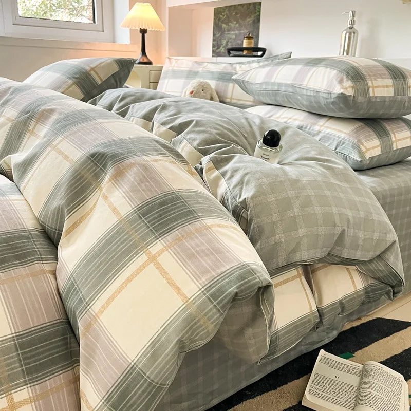 Afralia™ Grid Print Cotton Bedding Set for Single Double Beds