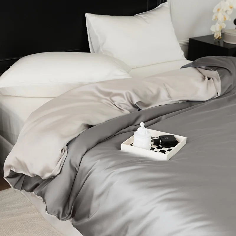 Afralia™ Double Layer Satin Queen Duvet Set Smooth & Cool Luxury Quilt Cover Pillowcases