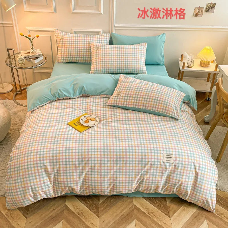 Afralia™ Striped Grid Printed Bedding Sets: Japanese Comfort for Summer