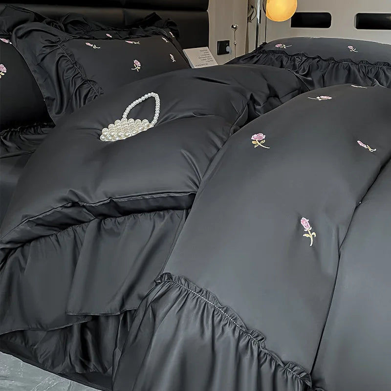 Afralia™ Ice Silk Embroidery Bedding Sets: Luxury Rayon Duvet Set with Lace, Soft & Cozy