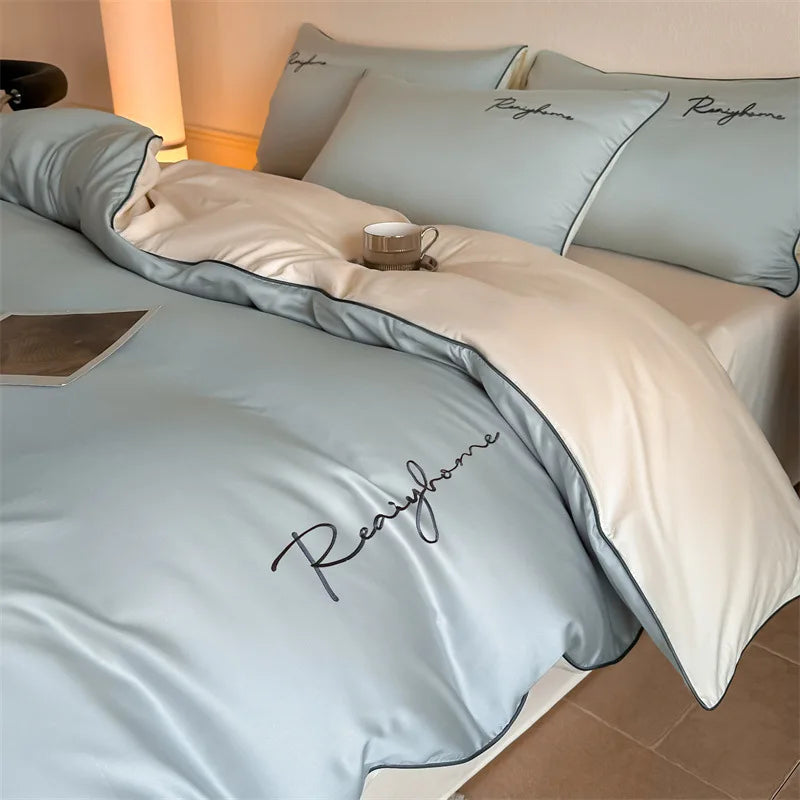 Afralia™ Pure Cotton Luxury Embroidery Bedding Set - Nordic Solid Color Duvet Bedclothes