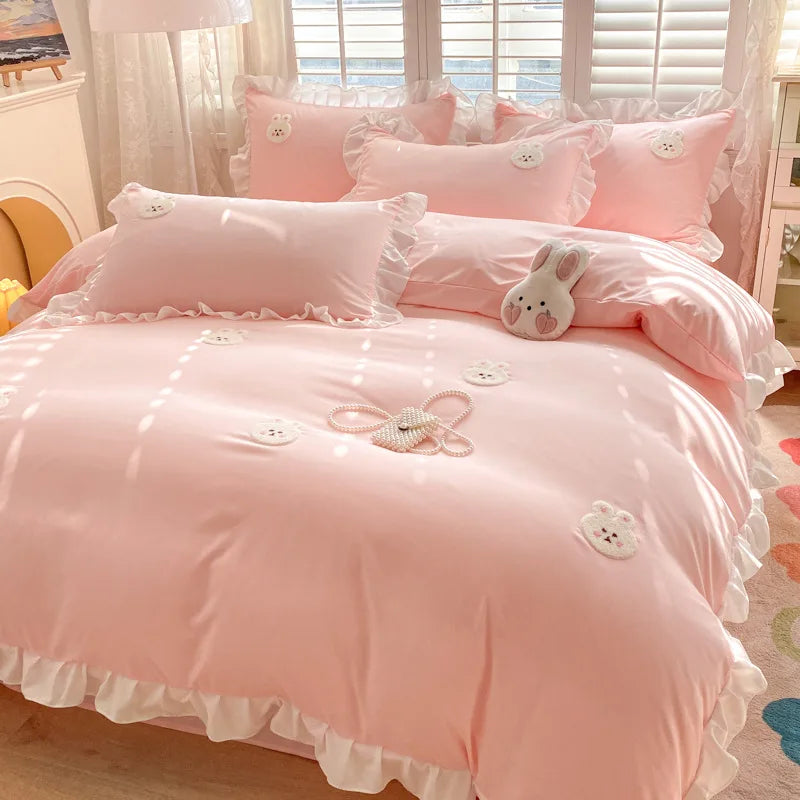 Afralia™ Cartoon Embroidery 100% Cotton Bedding Set King Queen Bedclothes