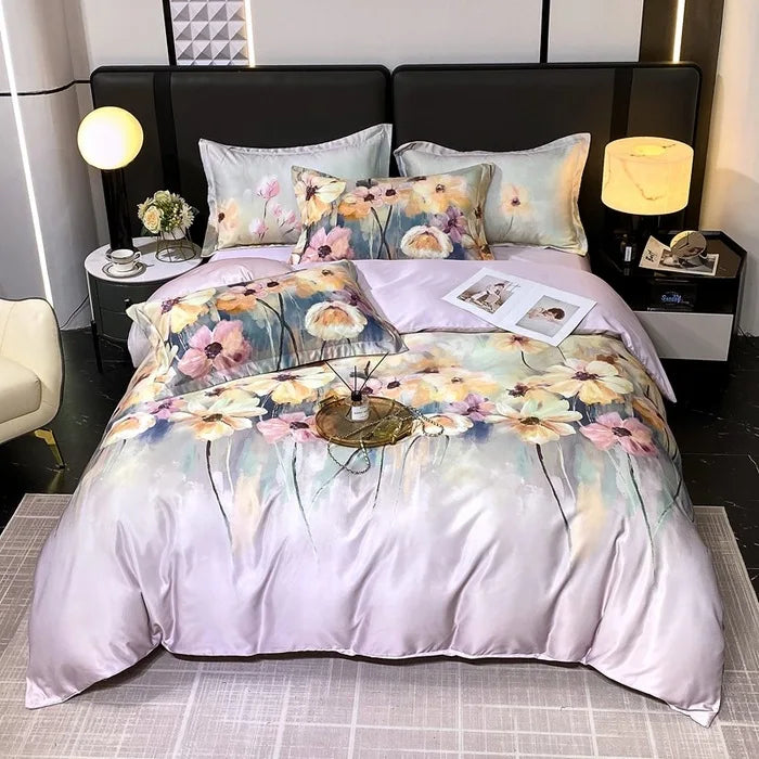 Afralia™ Summer Ice Silk Printed Bedding Set with Lace - Cooling Quilt, Duvet Cover, Pillowcases & Bed Sheet
