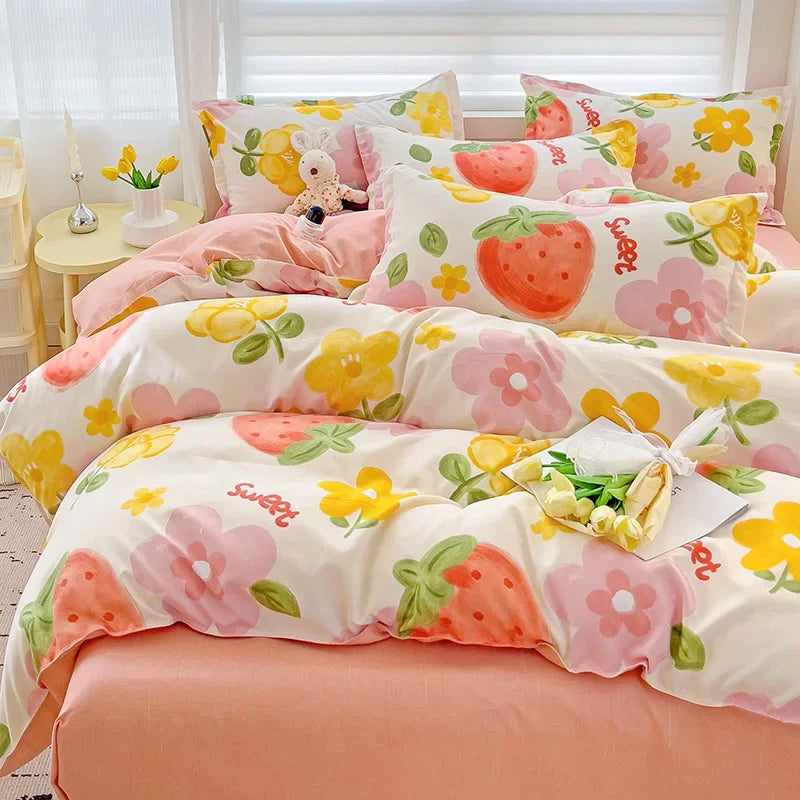 Afralia™ Twill Fabric Bed Sheet Set: Double-Sided Color Blocking, Flower Print Quilt Cover
