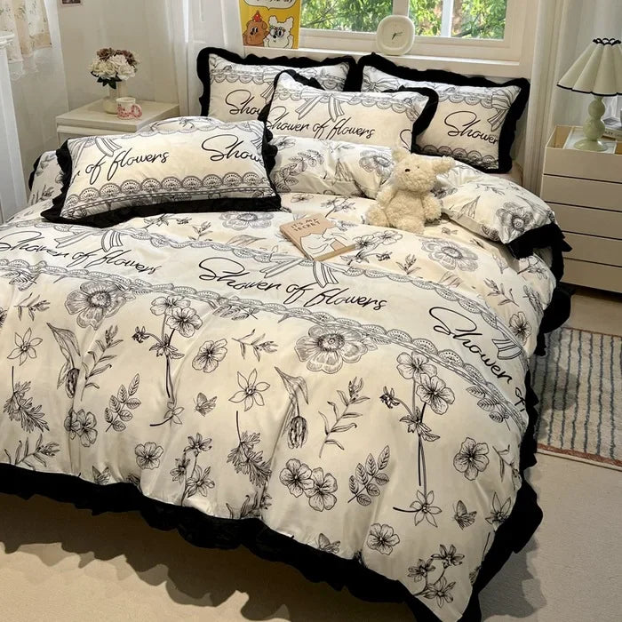 Afralia™ Black White Printed Bed Skirt Bedding Set - Cozy Skin Friendly Linens