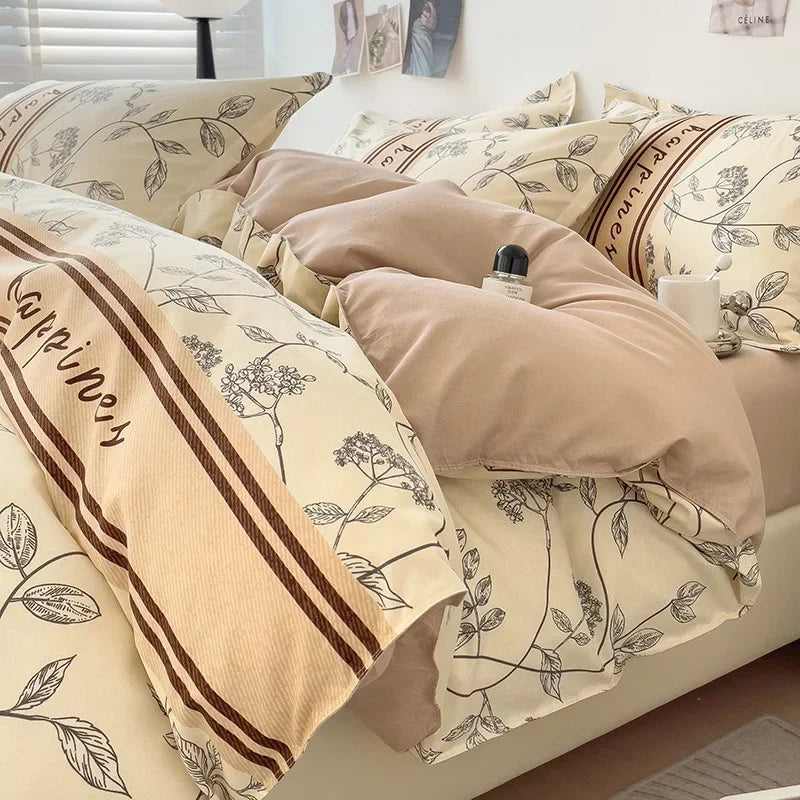 Afralia™ Twill Fabric Bed Sheet Set: Double-Sided Color Blocking, Flower Print Quilt Cover