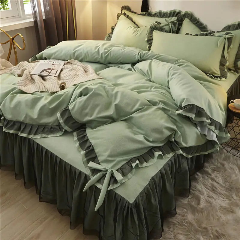 Afralia™ Korean Bed Skirt Set with Ruffled Edges - Solid, Skin-Friendly Bedding Kit