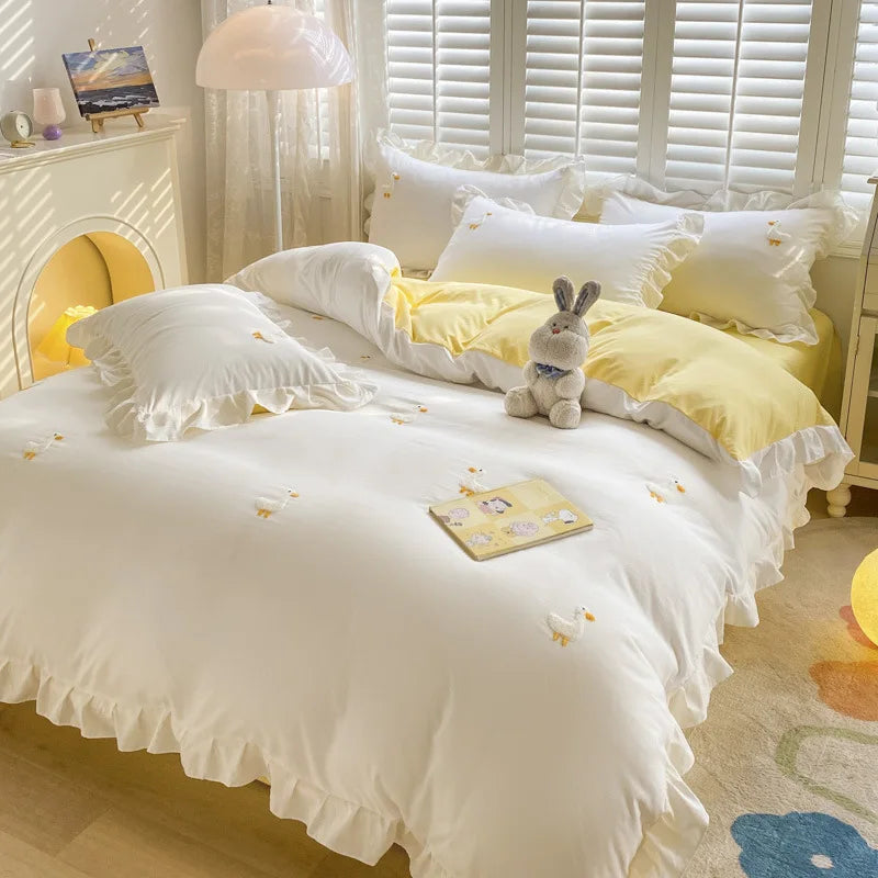 Afralia™ Cartoon Princess Embroidered Cotton Bedding Set for Adult Girls