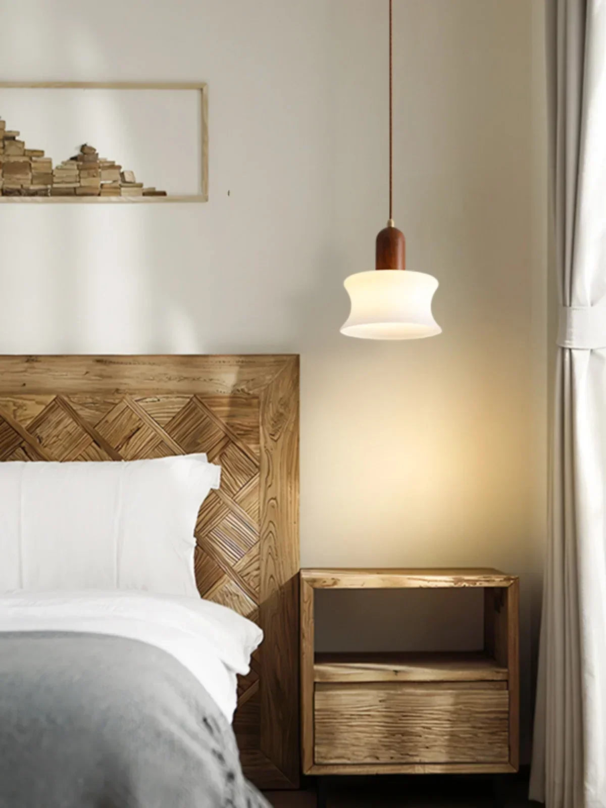 Afralia™ Wood Glass Pendant Light E27 Fixture Kitchen Dining Room Chandelier