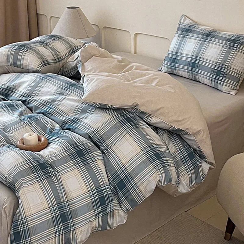 Afralia™ Soft Cotton Grid Printed Bedding Set for Single/Double Bed