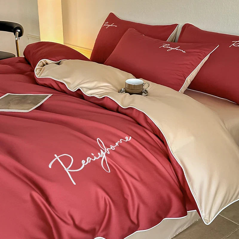 Afralia™ Pure Cotton Luxury Embroidery Bedding Set - Nordic Solid Color Duvet Bedclothes