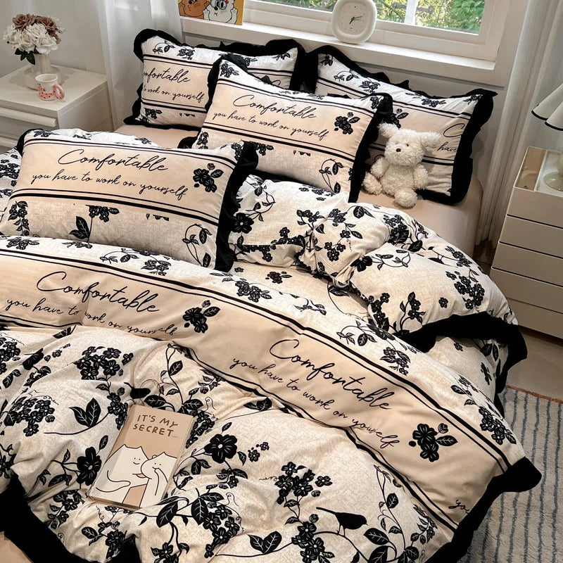 Afralia™ Korean Black White Hepburn Style Bedding Set with Lace Fitted Sheet Set