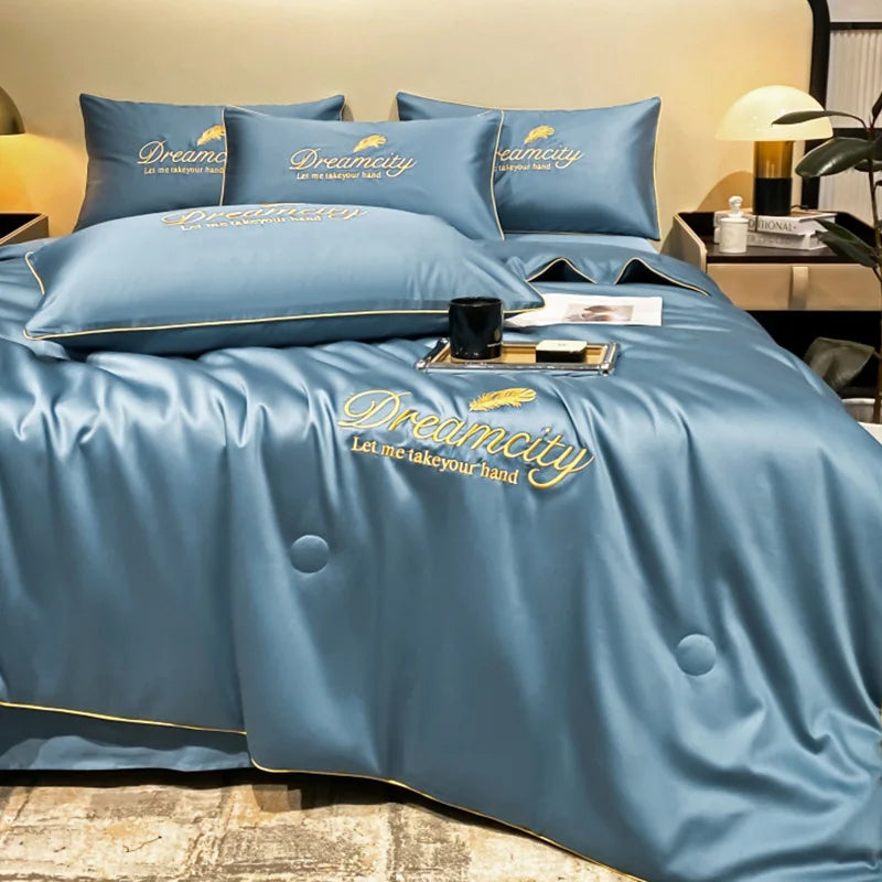 Afralia™ Embroidered Ice Silk Summer Quilt Set with Pillowcases