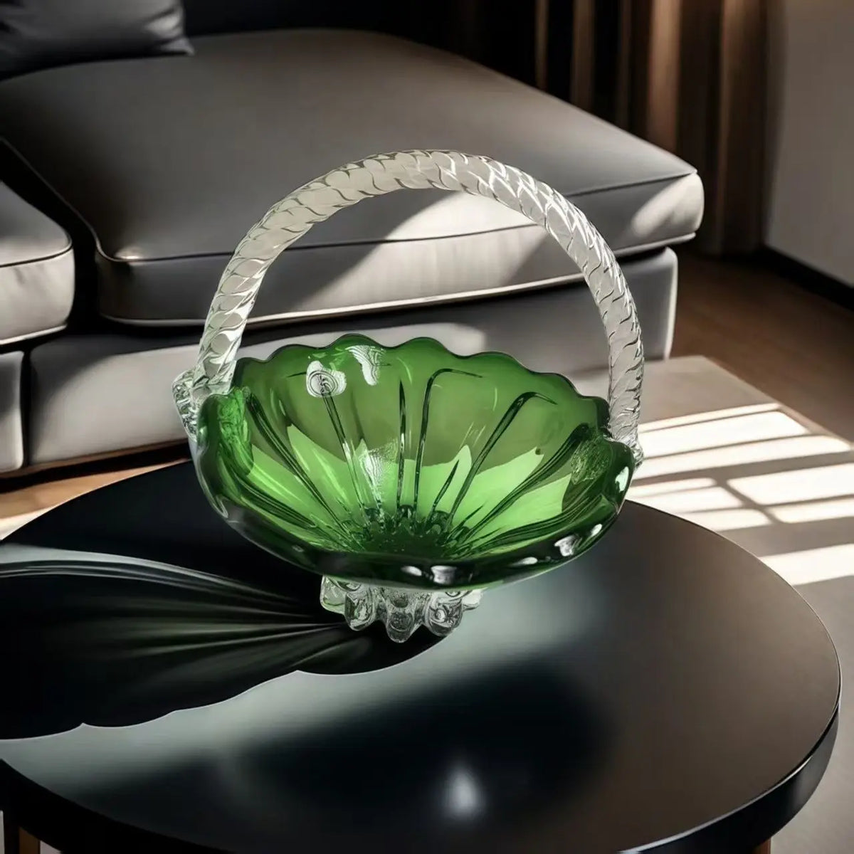 Afralia™ Crystal Handle Fruit Basket Glass Tray for Coffee Table, Elegant Living Room Decor