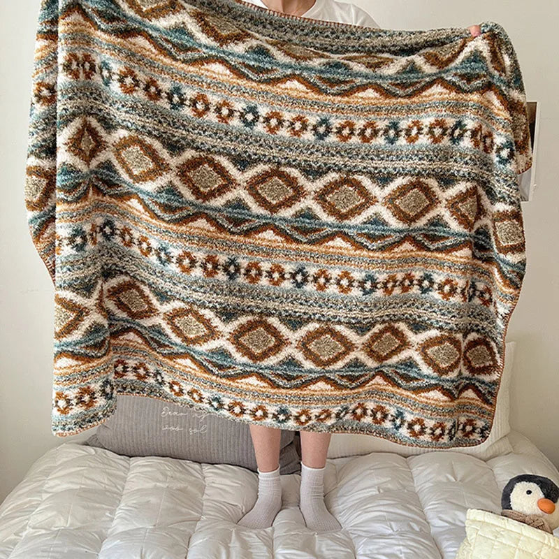 Afralia™ Geometric Printed Half Fleece Sofa Cover: Luxe Bohemian Shawl Blanket for Office Nap