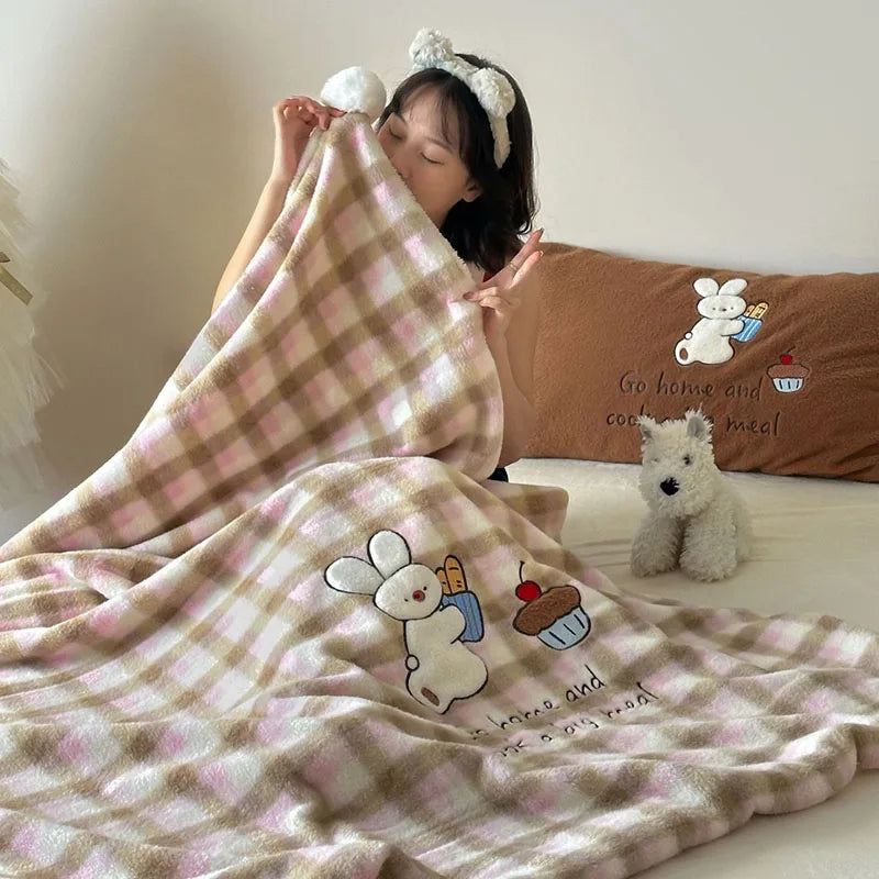 Afralia™ Cartoon Patch Woolen Blanket with Fur Balls for Single Bed
