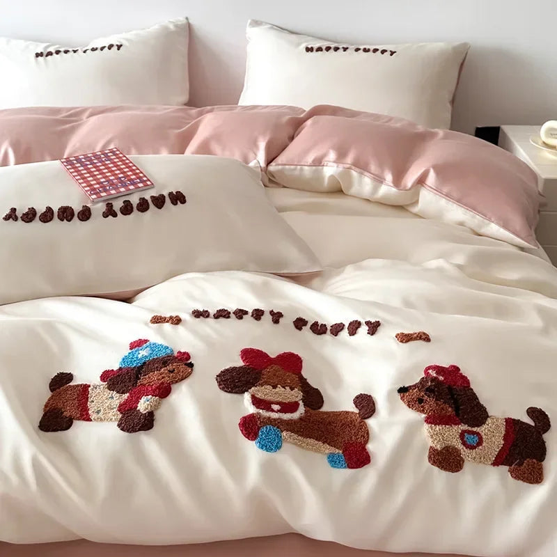 Afralia™ Cartoon Embroidery Cotton Bedding Set - Summer Cool, Skin Friendly Flat Sheet Kit
