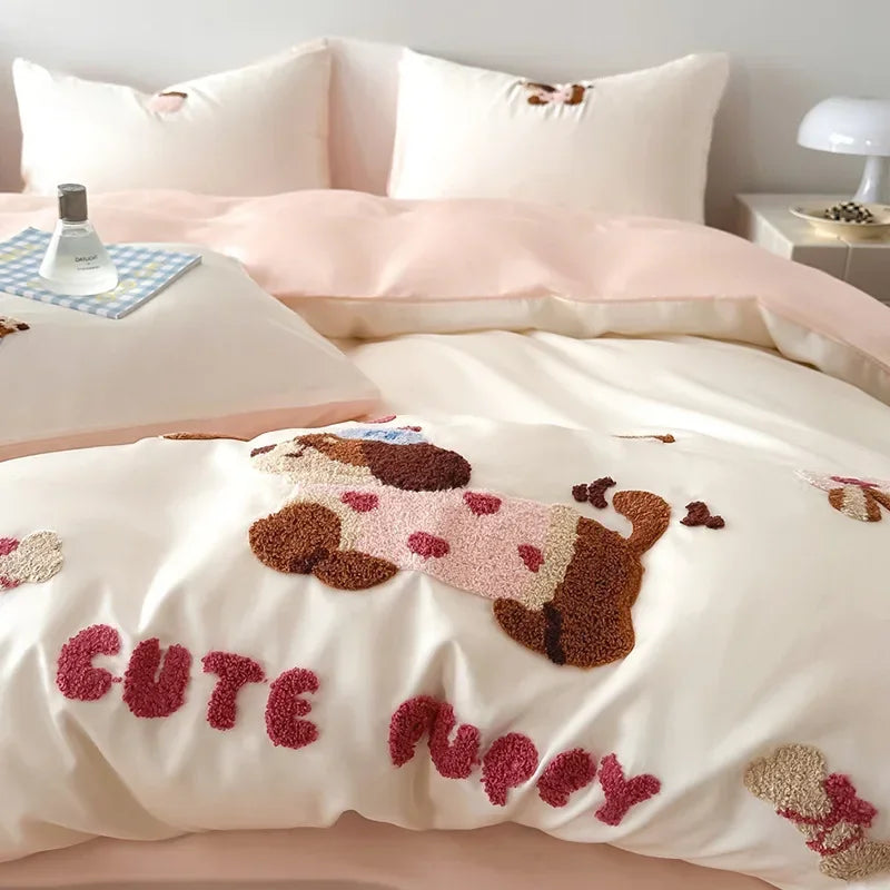 Afralia™ Cartoon Embroidery Cotton Bedding Set - Summer Cool, Skin Friendly Flat Sheet Kit