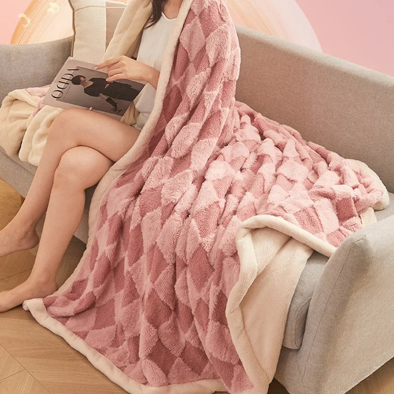 Afralia™ Rabbit Velvet Plaid Jacquard Blanket: Warm, Double Layered, Non-Fading Comforter