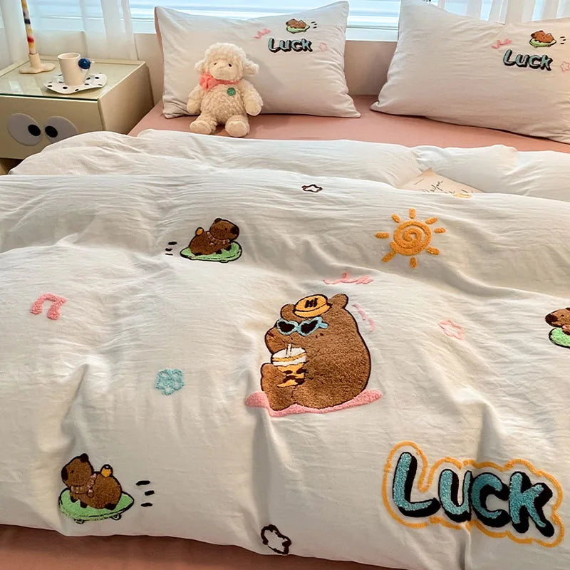Afralia™ Cartoon Embroidered Cotton Bedding Set for King/Queen Beds
