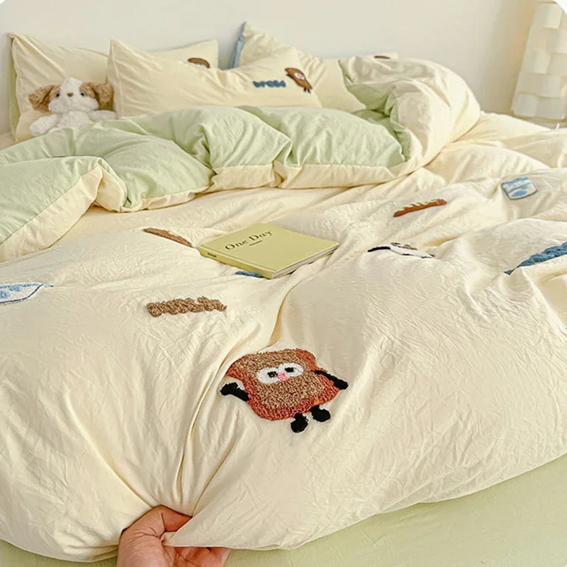Afralia™ Cartoon Embroidery Jacquard Comforter Sets | Washed Cotton | Soft Skin-Friendly Bed Linen