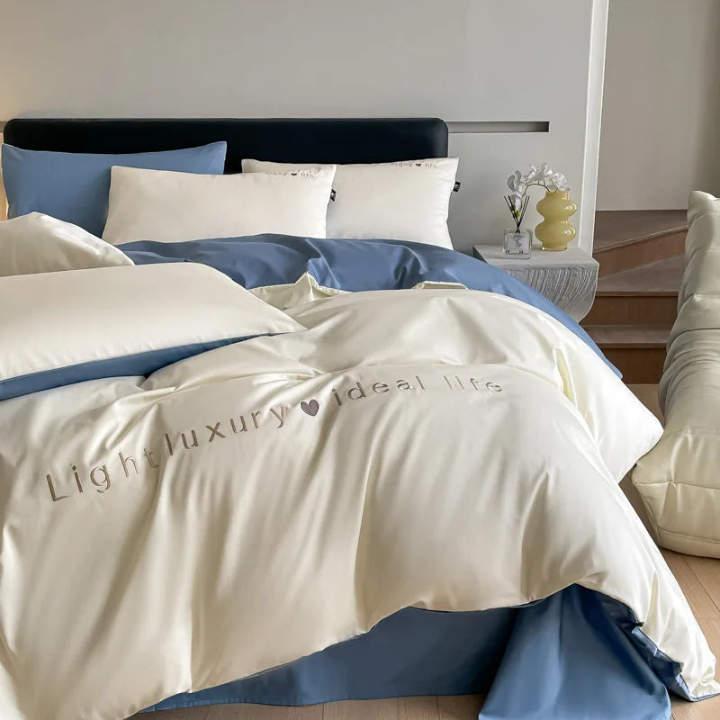 Afralia™ 120S Long Staple Cotton Satin Embroidery Bedding Set - Solid Color Twin Full Double Comforter