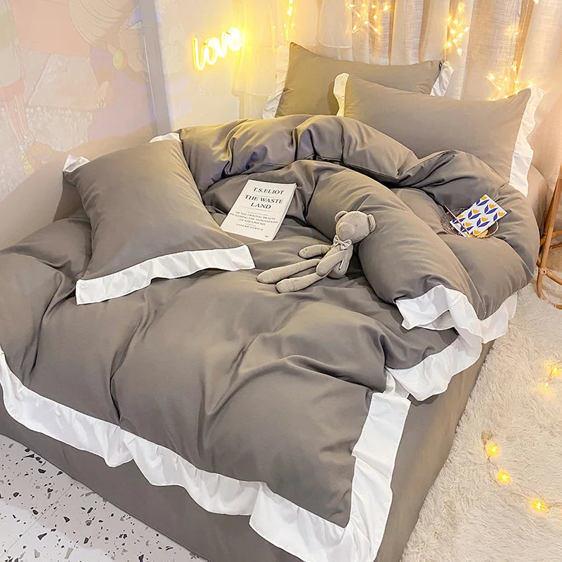 Afralia™ Cotton Ruffle Edge Duvet Cover Set - Soft, Thick, Solid Color