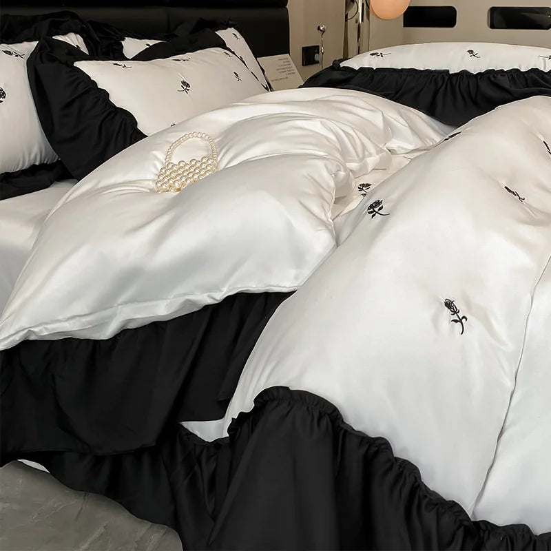 Afralia™ Ice Silk Embroidery Bedding Sets: Luxury Rayon Duvet Set with Lace, Soft & Cozy