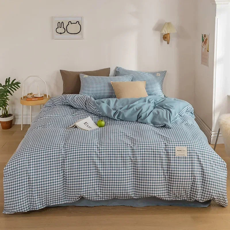 Afralia™ Japanese Grid Print Bedding Set for All Seasons, Queen/King Size Quilt Cover