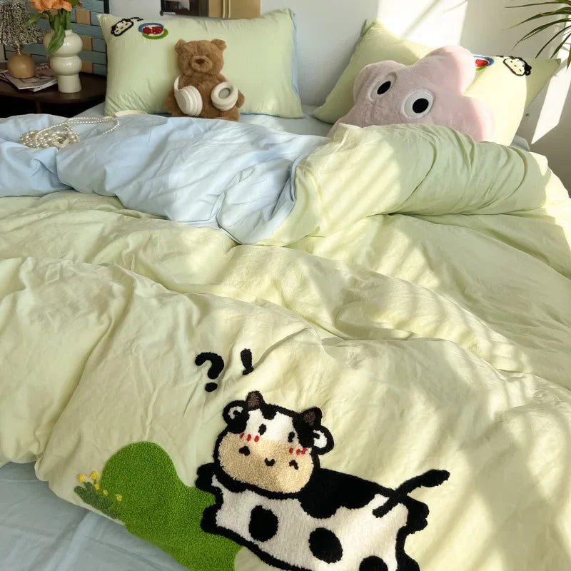 Afralia™ Cartoon Embroidery Jacquard Comforter Sets | Washed Cotton | Soft Skin-Friendly Bed Linen