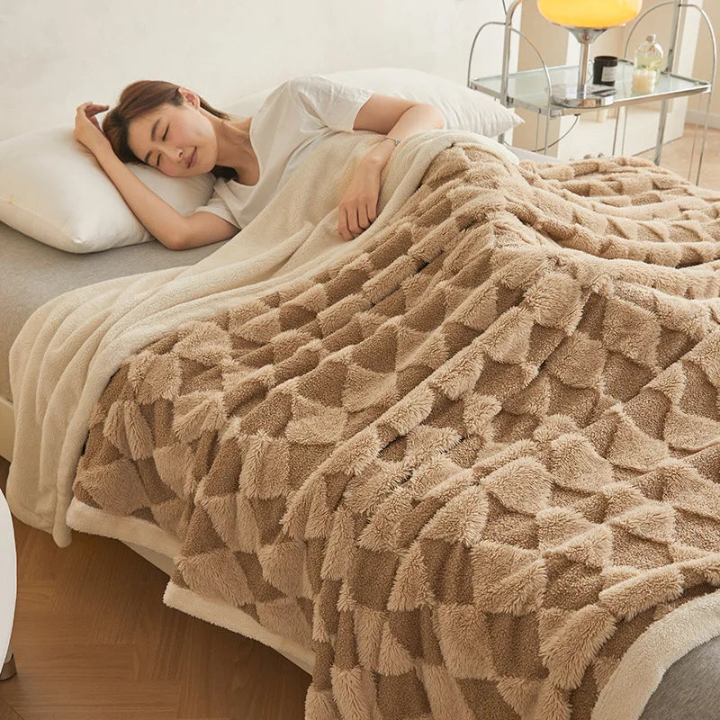 Afralia™ Rabbit Velvet Plaid Jacquard Blanket: Warm, Double Layered, Non-Fading Comforter