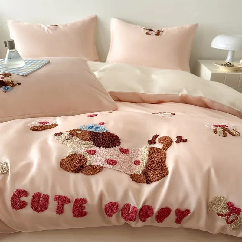 Afralia™ Cartoon Embroidery Cotton Bedding Set - Summer Cool, Skin Friendly Flat Sheet Kit