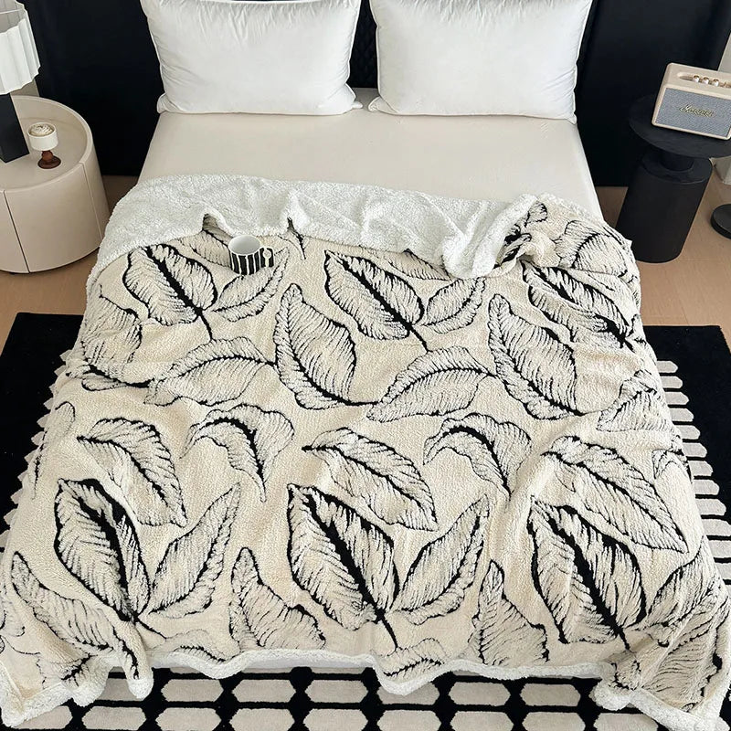 Afralia™ Leaf Jacquard Double-Layer Flannel Blanket for Sofa and Bed