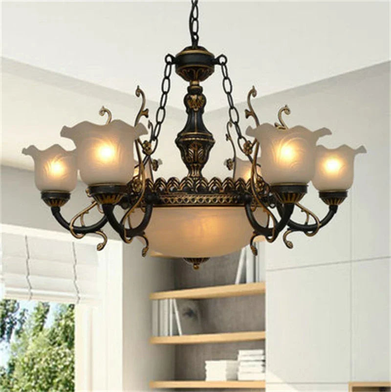 Afralia™ Classic Wrought Iron Chandelier with Glass Lampshade for Home Decor Lighting