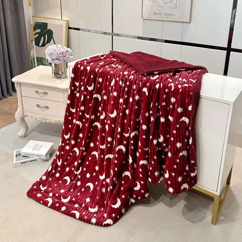 Afralia™ Star Moon Striped Fleece Blanket: Double Layer Flannel for Office Nap & Air Conditioning