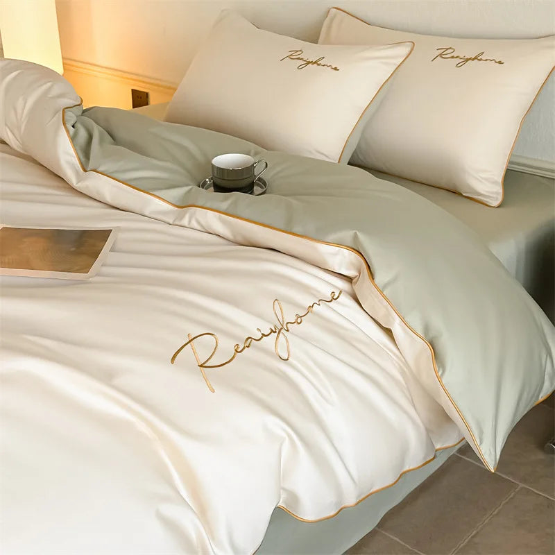 Afralia™ Pure Cotton Luxury Embroidery Bedding Set - Nordic Solid Color Duvet Bedclothes