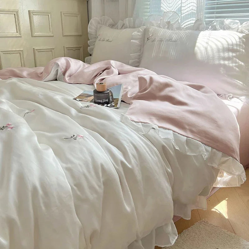 Afralia™ Silky Embroidery Bedding Sets with Lace, Ultimate Comfort for Home and Dorm