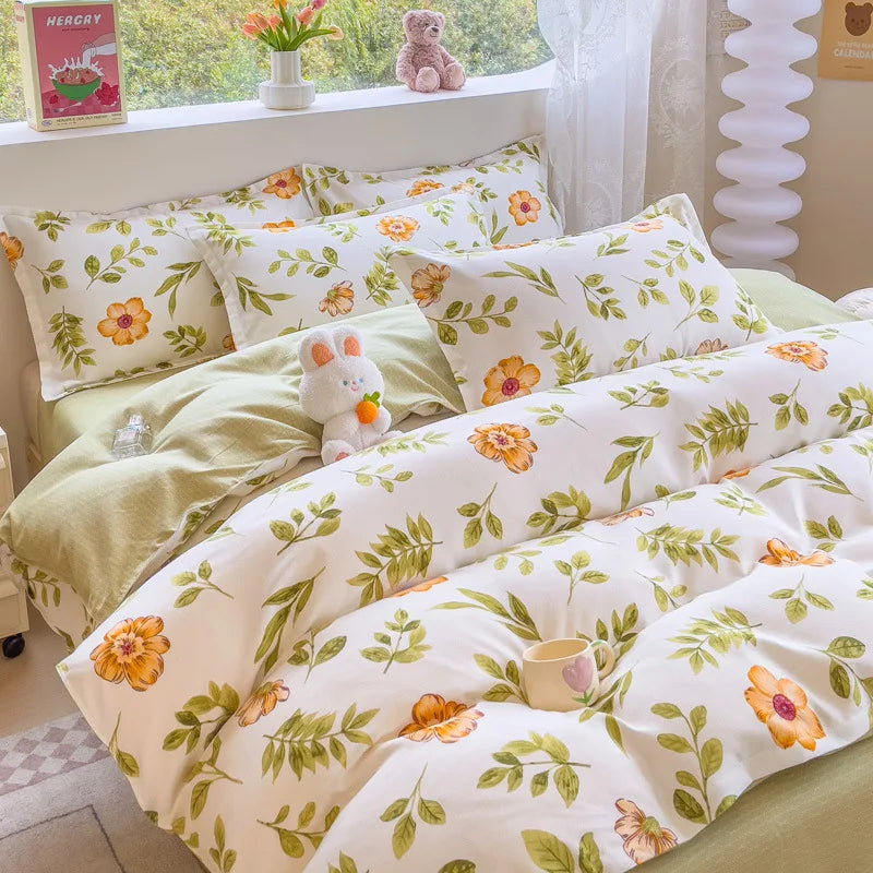 Afralia™ Cozy Flower Print Bedding Set: Brushed Cotton, Skin-Friendly, Soft, Thick, 4Pcs
