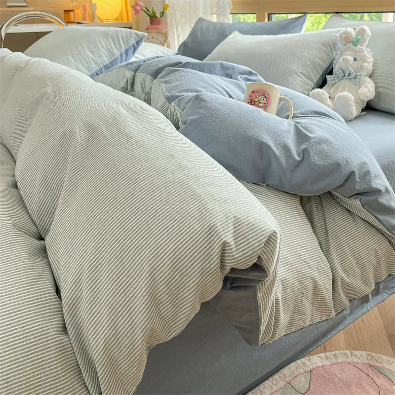 Afralia™ Cotton Striped Bedding Set Yarn Dyed Washed Duvet Cover Single Bedclothes