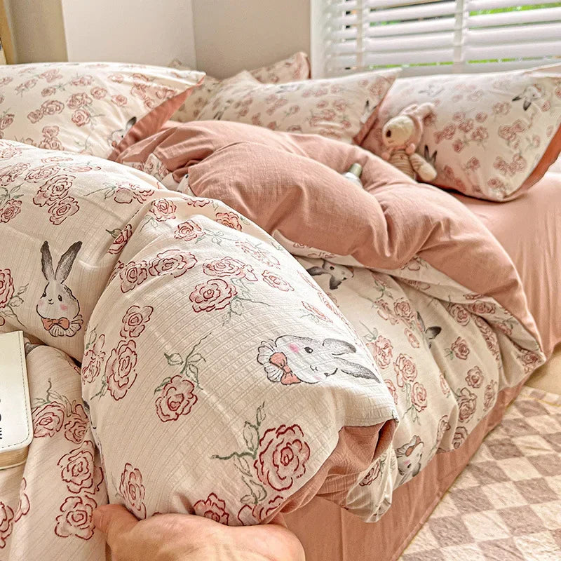Afralia™ Cotton Flower Printed Comforter Set: Breathable Double-Layer Yarn, Soft Bedding for Girls