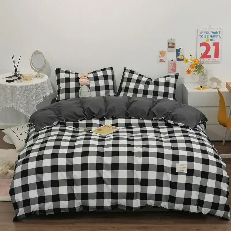 Afralia™ Japanese Grid Print Bedding Set for All Seasons, Queen/King Size Quilt Cover