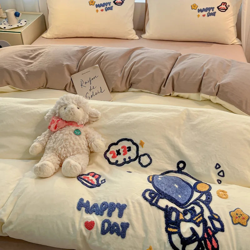 Afralia™ Cartoon Embroidered Cotton Bedding Set for King/Queen Beds