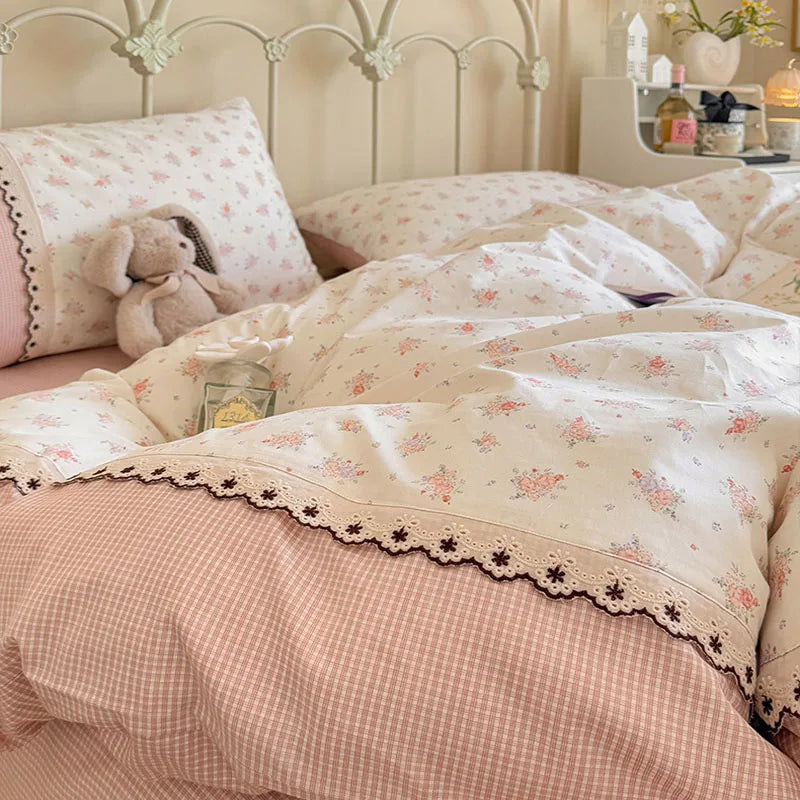 Afralia™ Floral Embroidery Lace Bedding Set Full Double Size Skin Friendly Cotton