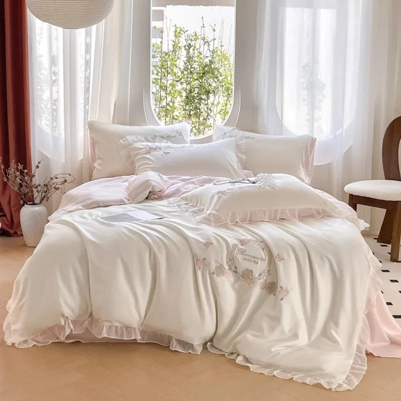 Afralia™ Silky Embroidery Bedding Sets with Lace, Ultimate Comfort for Home and Dorm