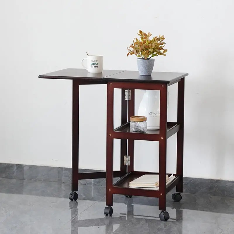 Afralia™ Solid Wood Dining Table Folding Side Cabinet with Wheels and Storage Shelf