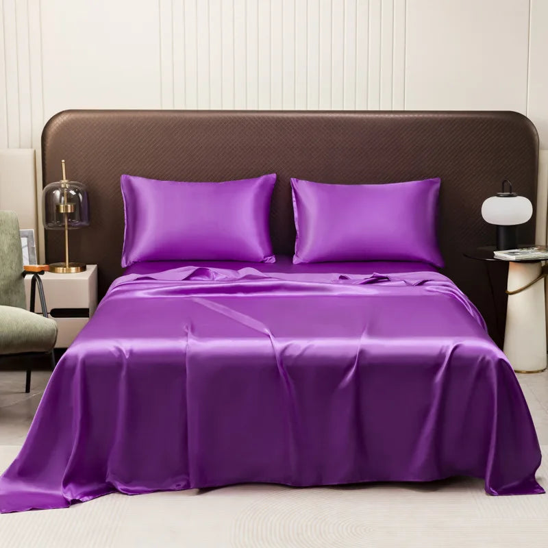 Afralia™ Satin Flat Sheet and Pillowcase Set | Silky Solid Color Bedding for Full Queen King Size