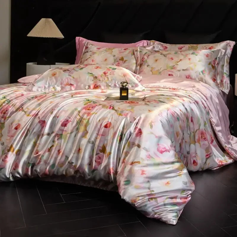Afralia™ Mulberry Silk Cooling Bedding Set - 3D Printed Satin Fitted Sheet & Quilt Cover